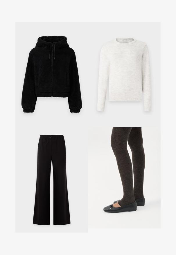 Sort cropped hoodie lavet af fluffy, struktureret stof. Har lynlåslukning, to forlommer og justerbare snore ved hætten.; Blød hvid crewneck sweater med lange ærmer samt ribbede cuffs, kant og udskæring udstillet på en ensfarvet baggrund.; Sorte bukser med vide ben og elastisk talje med en enkelt knaplukning foran, vist på en ensartet lys baggrund.; Ben iført mørke ribbede leggings kombineret med sorte balletsko med små sløjfedetaljer på hvid baggrund.