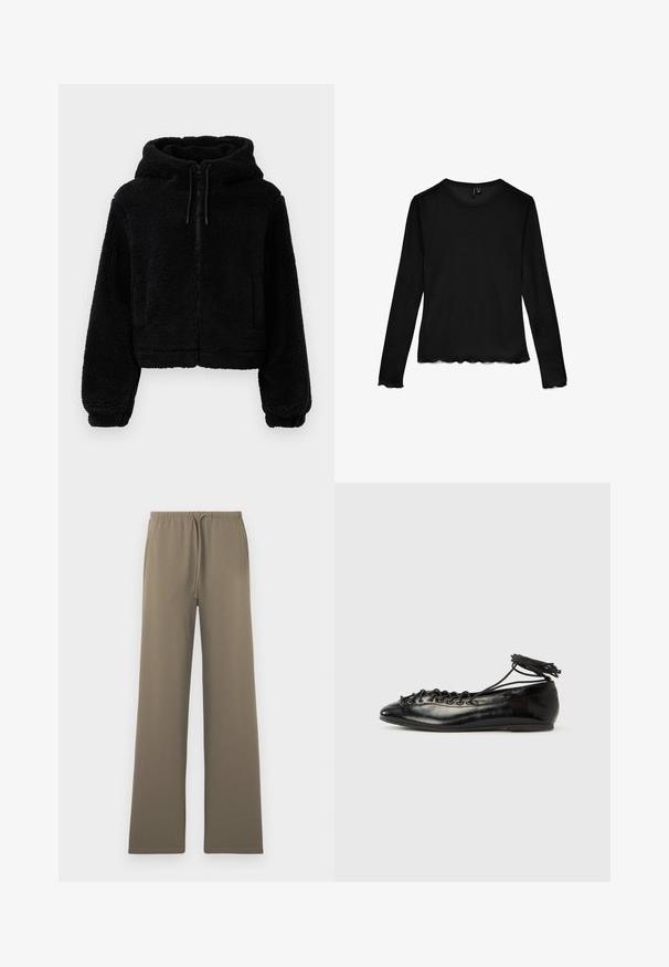 Sort cropped hoodie lavet af fluffy, struktureret stof. Har lynlåslukning, to forlommer og justerbare snore ved hætten.; Sort langærmet T-shirt med rund hals og bølgede kanter på ærmer og kant, lagt fladt på en hvid baggrund.; Oliven grønne, brede bukser lavet af blødt stof, med en elastisk talje med snøre og uden synlige lommer.; Sorte balletflade sko i laklæder med rundet tå, snørelukning og flad sål. Glat tekstur med få detaljer.