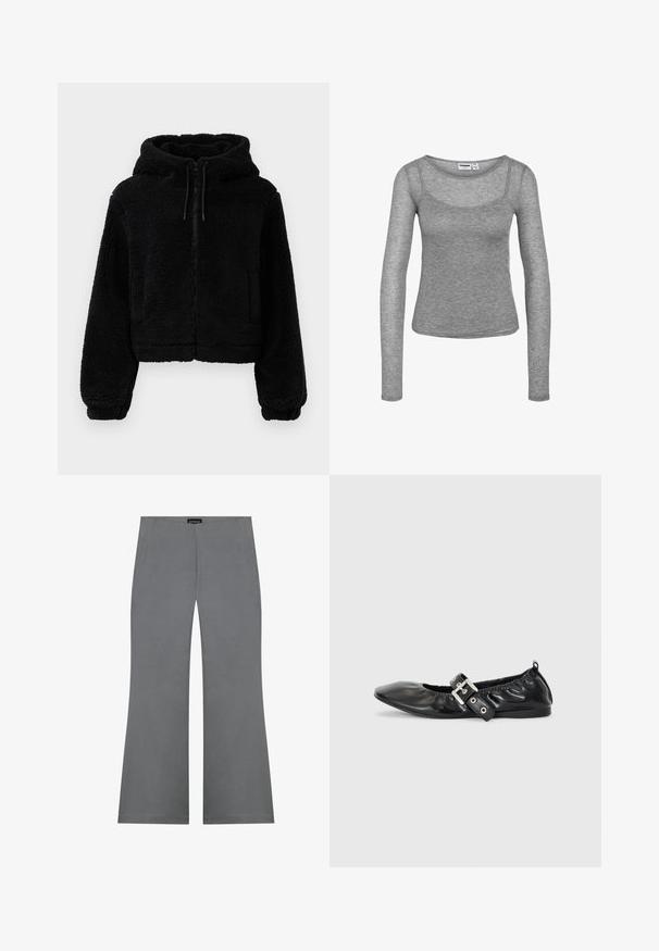 Zwarte cropped hoodie gemaakt van pluizige, textuurstof. Heeft een ritsluiting, twee voorzakken en verstelbare trekkoorden aan de capuchon.; Grijze geribbelde gebreide top met lange mouwen, een ronde halslijn en een nauwsluitend silhouet.; Grijze uitlopende broeken met een gladde textuur, voorzien van een hoge taille en een strakke vormgeving. Geen zichtbare patronen of metalen details.; Zwarte leren platte schoen met een spitse neus, geplooide details rond de opening en een zilveren gespaccentueerde verstelbare band.
