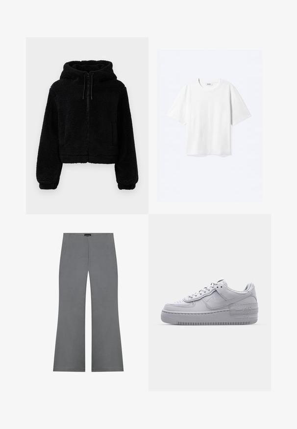 Zwarte cropped hoodie gemaakt van pluizige, textuurstof. Heeft een ritsluiting, twee voorzakken en verstelbare trekkoorden aan de capuchon.; Witte T-shirt met korte mouwen en een ronde hals met rechte zoom, met een "WEEKDAY" merklabel aan de binnenkant van de hals.; Grijze uitlopende broeken met een gladde textuur, voorzien van een hoge taille en een strakke vormgeving. Geen zichtbare patronen of metalen details.; Grijze Nike Air Force 1 sneaker met geperforeerde neus, glad leren bovenwerk, dikke zool en verhoogde 'AIR' details op de hiel.