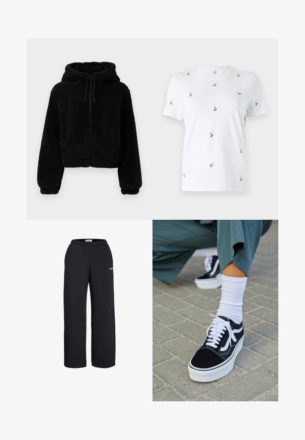 Zwarte cropped hoodie gemaakt van pluizige, textuurstof. Heeft een ritsluiting, twee voorzakken en verstelbare trekkoorden aan de capuchon.; Witte katoenen t-shirt met korte mouwen, voorzien van verspreide rode kersborduursels en groene stelen als opvallende decoratieve details.; Zwarte sweatpants met rechte pijpen, elastische tailleband en een klein wit logo op de bovenkant van het bovenbeen, ontworpen voor vrijetijdskleding.; Zwarte suède sneaker met witte accenten en veters, uitgerust met een dikke witte zool en contrasterende stiksels, gecombineerd met een witte sok.