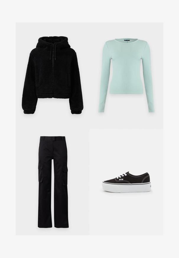 Sort cropped hoodie lavet af fluffy, struktureret stof. Har lynlåslukning, to forlommer og justerbare snore ved hætten.; Langærmet ribbet top i lys mintgrøn. Tæt pasform med rund halsudskæring og tekstureret overflade. Enkel, alsidig beklædningsgenstand.; Sorte cargo bukser lavet af slidstærkt stof, med to sidelommer og et lige ben-design. Glat tekstur med en klassisk pasform.; Sort lærred sneakers med en hvid gummi platform sål, der har hvide snørebånd og syninger, ikonisk branding på siden, lav-top design.