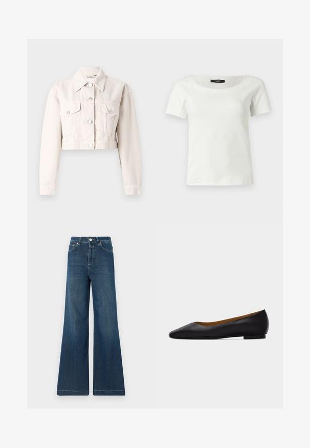 Geknipte denimjacket in een lichte crème kleur, met een kraag, twee voorke pockets, zilveren knoopsluitingen en een licht gestructureerde stof.; Witte katoenen dames top met korte mouwen en een brede ronde halslijn op een effen lichte achtergrond.; Wijde jeans in donkerblauw denim, met een hoge taille, koperen hardware en subtiele vervaging. Schone zoom zonder extra patronen.; Zwarte leren puntschoen met lage hak en gladde afwerking, zijaanzicht op een lichtgrijze achtergrond.
