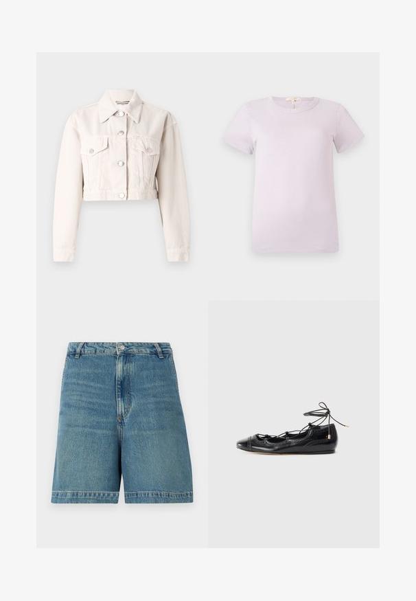 Geknipte denimjacket in een lichte crème kleur, met een kraag, twee voorke pockets, zilveren knoopsluitingen en een licht gestructureerde stof.; Lichtpaars katoenen T-shirt met korte mouwen, ronde hals, zichtbare stiksels en een stoffen label aan de achterzijde van de kraag.; Blauwe denimshorts met riemlussen, een voorste knoop, ritssluiting en rechte zoom.; Zwarte patenten ballerina's met uitsparingen en een vetersluiting. Heeft een ronde neus en decoratieve geperforeerde accenten.