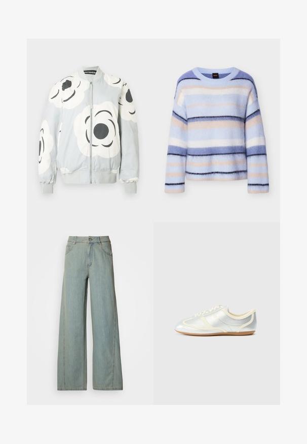 Bomberjakke i lysegrå med store hvide blomsterprint og sorte detaljer. Har lynlås foran samt ribstrikkede manchetter og kant.; Stribet sweater i lyseblå, sart rosa og marineblå. Blød, fluffy tekstur med rund hals og ribbet kant ved ærmerne. Letvægt og afslappet pasform.; Lyseblå bredbuks jeans lavet af denim, med knap- og lynlås-lukning, fem lommer og kontrasterende syninger.; Sølvfarvede syntetiske sneakers med cremefarvede detaljer, lav profil, rundet snude og flad gummisål; har klassiske syninger og snørelukning.