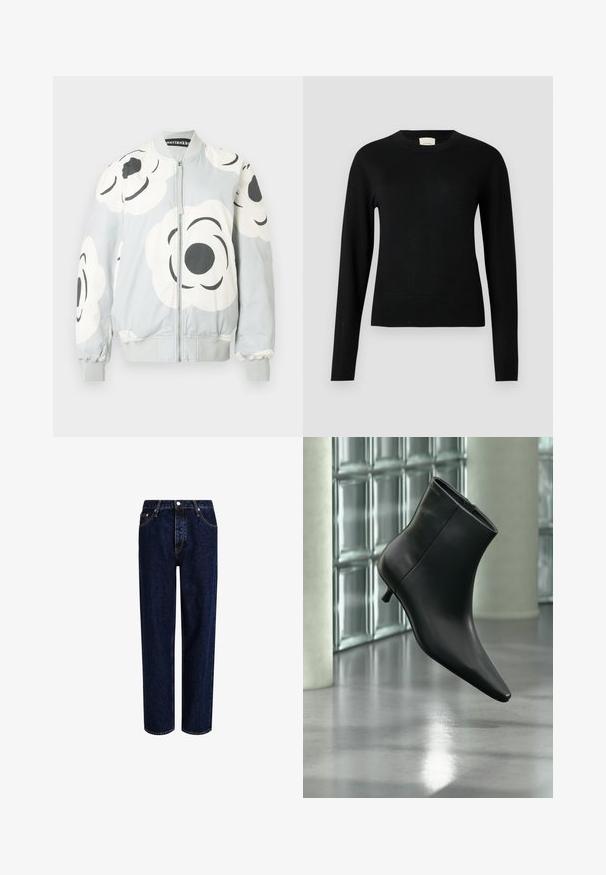 Bomberjakke i lysegrå med store hvide blomsterprint og sorte detaljer. Har lynlås foran samt ribstrikkede manchetter og kant.; Sort strikket sweater med rund halsudskæring, lange ærmer og en slank pasform, der har en glat struktur og minimal detaljer.; Mørkeblå denim jeans med lige ben-design, der har høj talje, fem-lomme-stil og kontrastsyninger. Ingen dekorationer.; Sort læderankelstøvle med spids tå og lav kitten-hæ, vist vinklet mod en poleret gulv- og glasblokvæg.