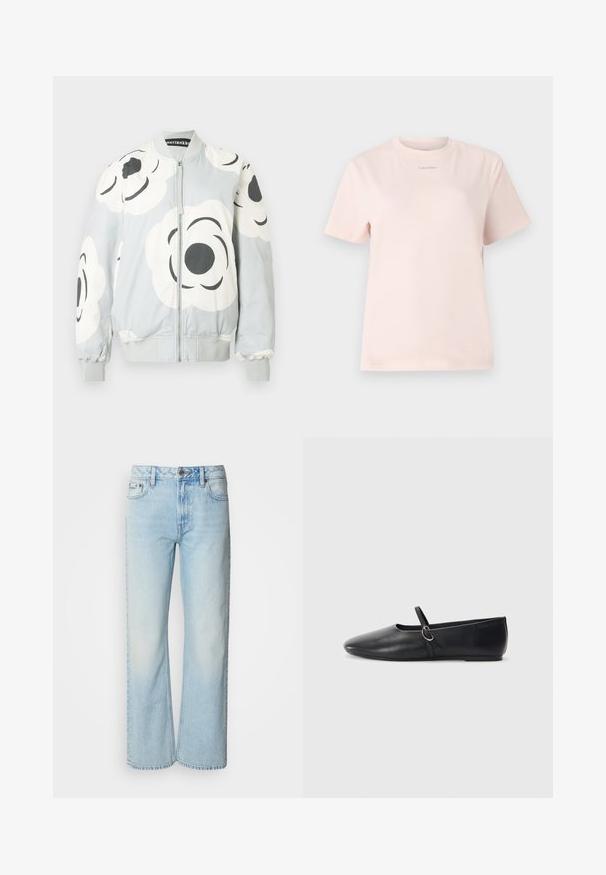 Bomberjacke in Hellgrau mit großen weißen Blumenmustern und schwarzen Akzenten. Verfügt über einen Frontreißverschluss sowie gerippte Bündchen und Saum.; Helles rosa Baumwoll-T-Shirt mit Rundhalsausschnitt, kurzen Ärmeln und einem kleinen, im passenden Farbton auf der Brust bedruckten "Calvin Klein"-Logo.; Helle blaue weit geschnittene Jeans aus Denim, mit einem klassischen Fünf-Taschen-Design und einer dezenten, gewaschenen Textur. Die Denim-Nähte sind sichtbar.; Schwarze Leder-Ballettschuhe mit spitzem Schuhzeug, flacher Sohle und einem kleinen Riemen mit silberner Schnalle.