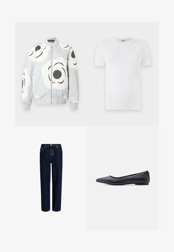 Bomberjakke i lysegrå med store hvide blomsterprint og sorte detaljer. Har lynlås foran samt ribstrikkede manchetter og kant.; Hvid kortærmet t-shirt lavet af struktureret stof med et ribbet mønster. Designet har en rund udskæring og en lige pasform.; Mørkeblå denim jeans med lige ben-design, der har høj talje, fem-lomme-stil og kontrastsyninger. Ingen dekorationer.; Sort flad lædersko med spidst tåparti og lav hæl, vist i sideprofil mod en hvid baggrund.