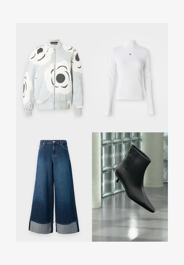 Bomberjakke i lysegrå med store hvide blomsterprint og sorte detaljer. Har lynlås foran samt ribstrikkede manchetter og kant.; Langærmet, hvid turtleneck-top lavet af ribbet materiale. Har et lille broderet logo i midten. Tæt pasform uden mønstre.; Bredde denimjeans i mørk vask med en falmet finish. Har en rå kant og lyskraftige denimmanchetter. Inkluderer forlommer og knaplukning.; Sort læderankelstøvle med spids tå og lav kitten-hæ, vist vinklet mod en poleret gulv- og glasblokvæg.