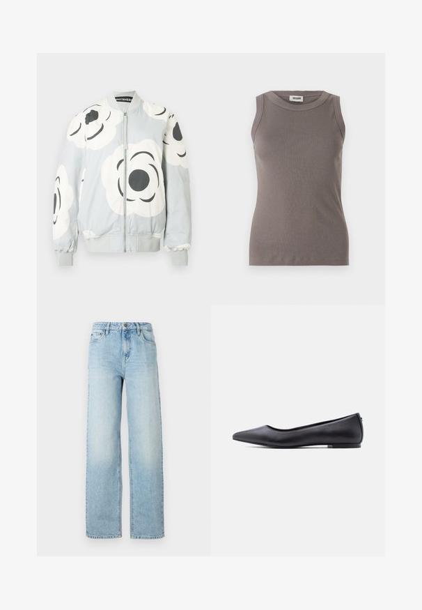Bomberjakke i lysegrå med store hvide blomsterprint og sorte detaljer. Har lynlås foran samt ribstrikkede manchetter og kant.; Grå ribbede tanktop med rund halsudskæring og ærmeløs design, lavet af et blødt, tekstureret stof. Enkel, tætsiddende silhuet.; Lysblå denim bukser med vid ben, klassisk fem-lomme-design, knaplukning og subtilt slitage for tekstur.; Sort flad lædersko med spidst tåparti og lav hæl, vist i sideprofil mod en hvid baggrund.