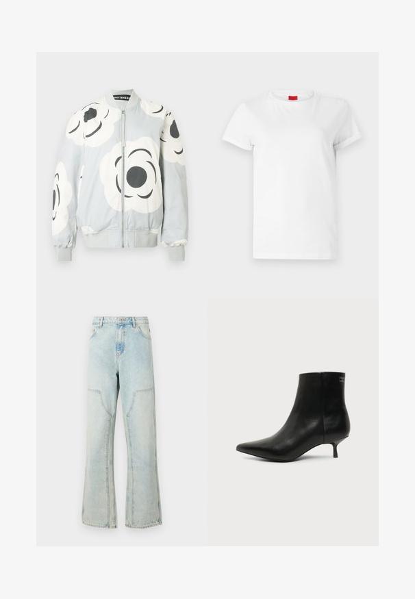 Bomberjacke in Hellgrau mit großen weißen Blumenmustern und schwarzen Akzenten. Verfügt über einen Frontreißverschluss sowie gerippte Bündchen und Saum.; Weißes Kurzarm-T-Shirt aus leichtem Baumwollstoff. Hat einen runden Halsausschnitt und umgeschlagene Ärmel. Rotes Logo-Tag am Kragen.; Hellblaue Denim-Jeans mit lockerer Passform, weitem Bein und aufgesetzten Vorderentaschen. Mit Knopfverschluss und Gürtelschlaufen.; Schwarzer Leder-Knöchel-Stiefel mit spitzer Spitze und niedrigem Kittenabsatz vor hellem Hintergrund, seitliche Ansicht.
