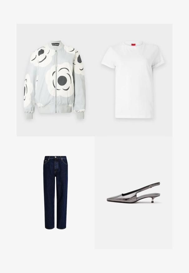 Bomberjacke in Hellgrau mit großen weißen Blumenmustern und schwarzen Akzenten. Verfügt über einen Frontreißverschluss sowie gerippte Bündchen und Saum.; Weißes Kurzarm-T-Shirt aus leichtem Baumwollstoff. Hat einen runden Halsausschnitt und umgeschlagene Ärmel. Rotes Logo-Tag am Kragen.; Dunkelblaue Denim-Jeans mit geradem Bein, hoher Taille, fünf Taschen und kontrastierenden Nähten. Ohne Verzierungen.; Metallic-grauer Slingback-Schuh mit spitzer Schuhspitze, niedrigem Kittenabsatz und verstellbarem Riemen auf weißem Hintergrund.