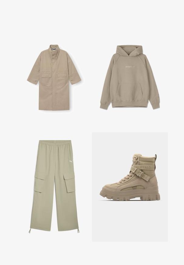 Manteau long beige avec col montant, poches plaquées à rabat à l'avant, manches larges avec boutons-pression, et fermeture avant dissimulée.; Haut à capuche beige avec poche kangourou, capuche à cordon de serrage et poignets côtelés. Présente une broderie de logo discrète sur le devant et la manche.; Pantalons cargo couleur kaki clair avec une taille élastique, deux poches latérales et un détail de logo. Le matériau semble lisse avec une finition légèrement texturée.; Bottes montantes beiges en matériau synthétique, avec une semelle épaisse, des accents en tissu texturé et une sangle avec un logo.