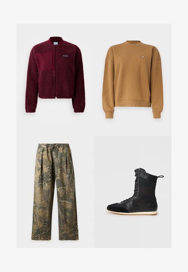 Bordeaux fleecejakke med lynlås foran, rund hals, strikkede manchetter og en kontrasterende stoflappen på brystet. Blød, struktureret overflade.; Brun crewneck-sweatshirt med ribbede manchetter og kant, der har et lille rektangulært logo-patch på venstre bryst.; Løse bukser med elastisk talje, med et grønt og brunt tropisk blad camouflageprint.; Sorte højtop støvler med en kombination af læder og mesh-materialer, teksturerede accenter, snørebånd fortil og en lysfarvet gummisål.