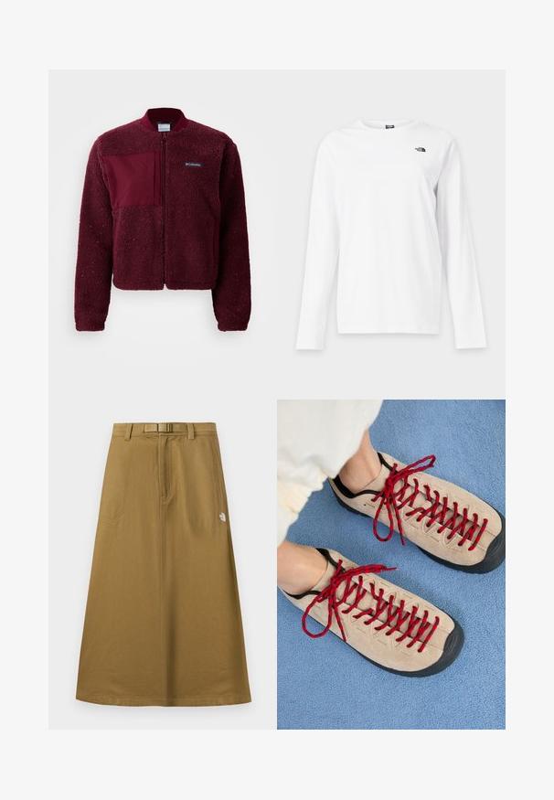 Bordeaux fleecejakke med lynlås foran, rund hals, strikkede manchetter og en kontrasterende stoflappen på brystet. Blød, struktureret overflade.; Hvid langærmet T-shirt med rund hals og lille sort The North Face-logo på venstre bryst.; Lang, lysebrun udendørsskjørt med forlommer, integreret bælte og The North Face-logo på højre side.; Beige sko med røde snørebånd, placeret på en blå tekstureret overflade, delvist synliggørende en persons ankel. Skoene har et sporty design.