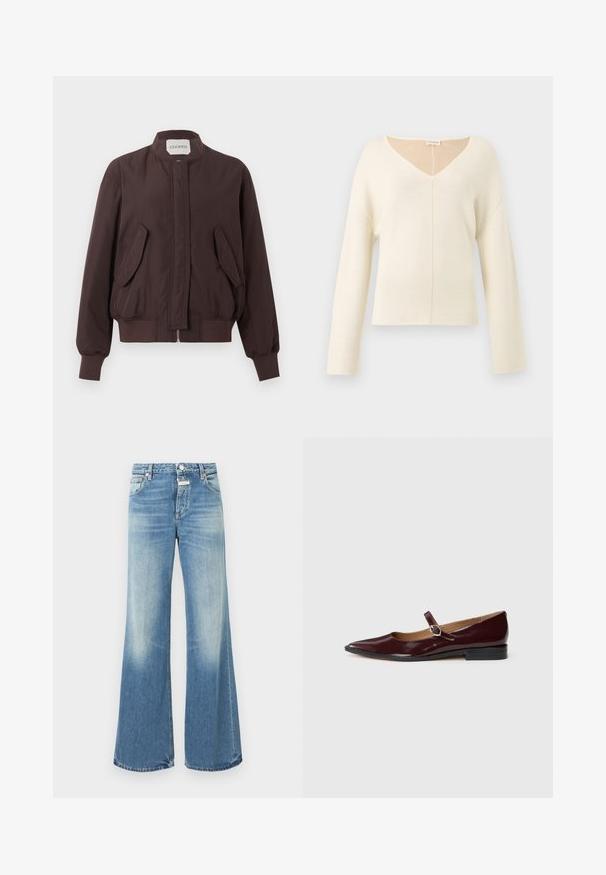Veste bomber marron foncé avec col montant, fermeture éclair devant cachée par un rabat, deux poches à rabat inclinées et poignets et ceinture côtelés.; Pull doux crème à col en V avec manches longues et coupe décontractée en tissu tricoté.; Jean large bleu clair en denim, présentant un lavage décoloré, un design traditionnel à cinq poches, et des coutures visibles le long des seams.; Ballerines en cuir verni bordeaux de type Mary Jane avec un bout pointu, un talon plat et une sangle décorative avec une boucle circulaire.