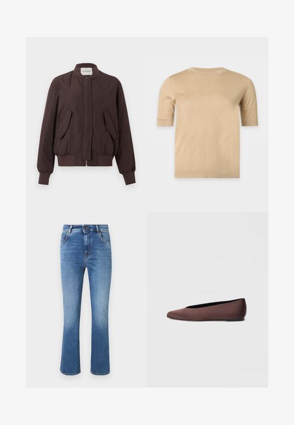 Veste bomber marron foncé avec col montant, fermeture éclair devant cachée par un rabat, deux poches à rabat inclinées et poignets et ceinture côtelés.; Pull en tricot beige à manches courtes avec un col rond et un ourlet droit, présenté sur un fond clair uni.; Jean en denim bleu taille haute avec jambes légèrement évasées, cinq poches, fermeture par bouton et décoloration subtile sur le devant.; Ballerines en tissu marron avec un bout pointu et une texture lisse, dotées d'un talon bas et d'une fine semelle noire. Aucune motif ni élément métallique visible.