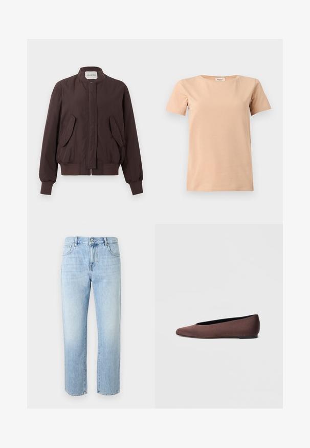Veste bomber marron foncé avec col montant, fermeture éclair devant cachée par un rabat, deux poches à rabat inclinées et poignets et ceinture côtelés.; T-shirt beige manches courtes avec col rond et ourlet droit sur un fond uni gris clair.; Jeans bleu clair taille haute à jambe droite avec fermeture à bouton et fermeture éclair, poches avant et coutures visibles sur fond uni.; Ballerines en tissu marron avec un bout pointu et une texture lisse, dotées d'un talon bas et d'une fine semelle noire. Aucune motif ni élément métallique visible.
