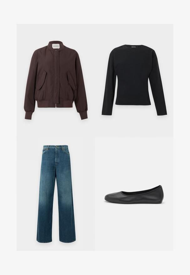 Veste bomber marron foncé avec col montant, fermeture éclair devant cachée par un rabat, deux poches à rabat inclinées et poignets et ceinture côtelés.; Haut noir à manches longues ajusté avec col rond et design simple, présenté sur fond gris clair.; Jean denim bleu à jambes larges, taille haute, fermeture devant par bouton et zip, et poches avant sur fond uni.; Ballerines en cuir noir avec un bout rond, texture lisse, détails de couture minimalistes et design de semelle flexible.