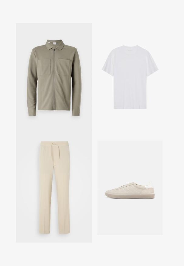 Olivengrøn lynlåsjakke lavet af tekstureret stof, med krave og to store forlommer. Lange ærmer med manchetter.; Hvid bomulds T-shirt med korte ærmer, rund hals og en glat tekstur. Har minimal branding på halsudskæringen.; Beige, elastisk taljebukser med snoretræk. Har lige ben og en glat tekstur, velegnet til afslappet brug eller afslapning.; Beige ruskindssneaker med en tekstureret overdel, glat hvid hælkappe, tynde snørebånd og en gummi-ydersål. Har et lavt profil design.