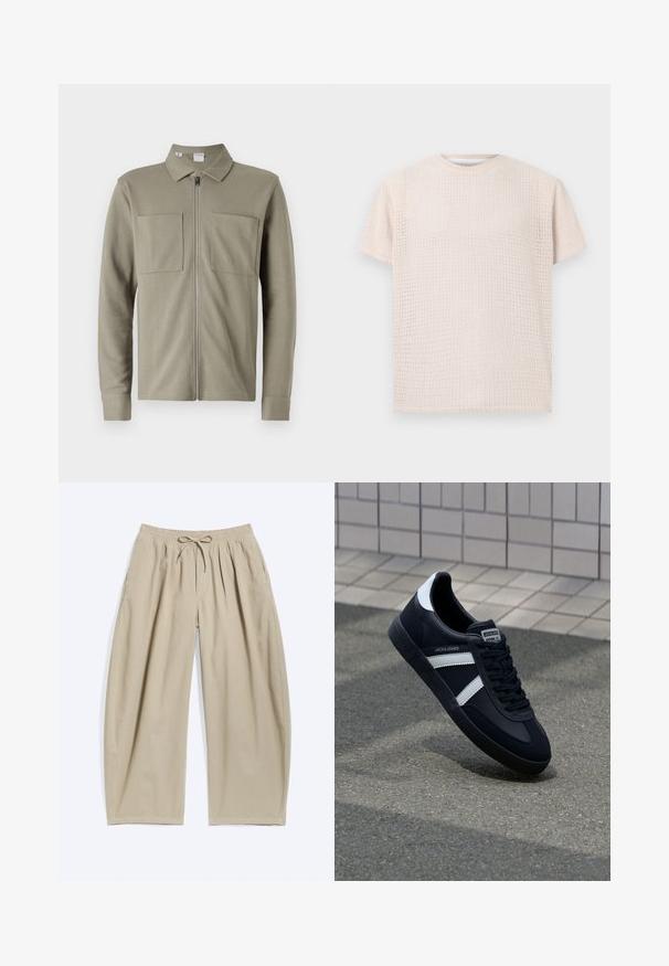 Olijfgroene ritsjack van gestructureerde stof, met een kraag en twee grote voorzakken. Lange mouwen met gestikte boorden.; Licht beige korte mouwen t-shirt met een gestructureerd patroon en een losse pasvorm. Ronde halslijn en zachte stof, geschikt voor casual draag.; Beige broek met wijde pijpen, elastische taille met trekkoord, zijzakken en een losse, casual pasvorm.; Zwarte leren sneaker met witte strepen, een gestructureerde rubberen zool en vetersluiting aan de voorkant. Voorzien van een merklabel op de tong.