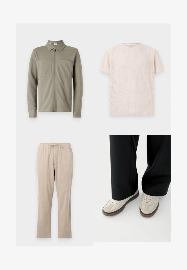 Olijfgroene ritsjack van gestructureerde stof, met een kraag en twee grote voorzakken. Lange mouwen met gestikte boorden.; Licht beige korte mouwen t-shirt met een gestructureerd patroon en een losse pasvorm. Ronde halslijn en zachte stof, geschikt voor casual draag.; Beige, lichte broek met een elastische tailleband, voorkruizen en trekkoord. Gladde textuur en recht model.; Voeten met beige sneakers met bruine zolen en zwarte wijde broekspijpen op een witte achtergrond.