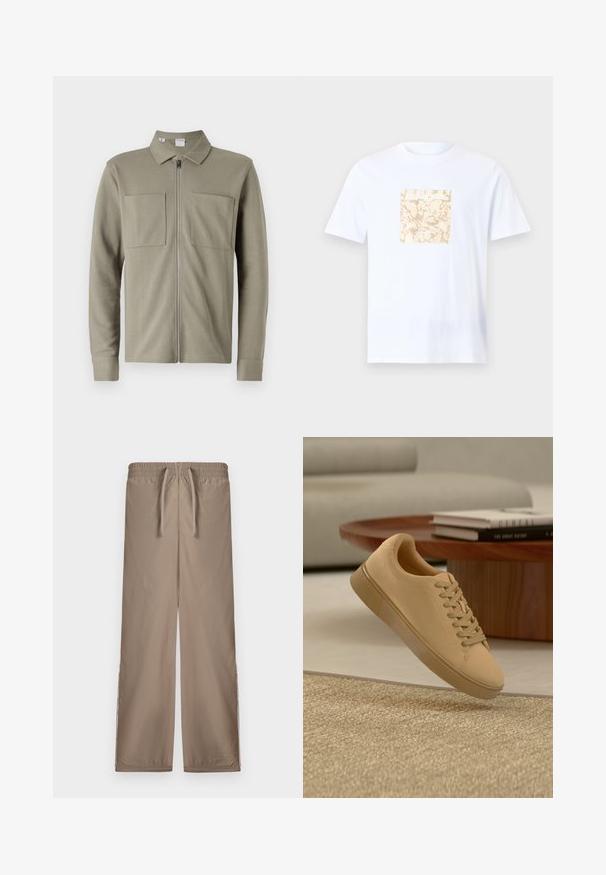 Olijfgroene ritsjack van gestructureerde stof, met een kraag en twee grote voorzakken. Lange mouwen met gestikte boorden.; Witte katoenen t-shirt met een vierkante beige grafiek met een gestructureerd patroon in het midden. Korte mouwen en een ronde halslijn.; Lichtbruine, loszittende broeken met een elastische tailleband en een koord; heeft zijsplitten aan de zoom voor extra detail.; Beige vetersneaker die boven een gestructureerd tapijt zweeft, met een houten salontafel en gestapelde boeken op een wazige achtergrond.