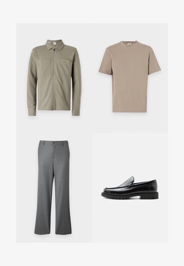 Olijfgroene ritsjack van gestructureerde stof, met een kraag en twee grote voorzakken. Lange mouwen met gestikte boorden.; Beige katoenen t-shirt met een ronde hals, korte mouwen en een rechte zoom. Vlotte textuur, minimalistisch ontwerp, geen zichtbare graphics of accenten.; Grijze pinstripe broeken met een ontspannen pasvorm, voorzien van een knoopsluiting, riemlussen en subtiele lichtblauwe strepen verspreid over de stof.; Zwarte leren loafer met dikke rubberen zool, gestikte bovenkant en gegraveerde merknaam op de hiel, zijaanzicht op witte achtergrond.