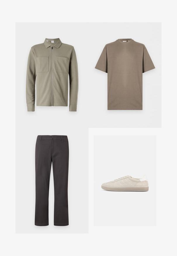 Olijfgroene ritsjack van gestructureerde stof, met een kraag en twee grote voorzakken. Lange mouwen met gestikte boorden.; Effen taupekleurig katoenen T-shirt met korte mouwen, ronde hals en losse pasvorm, getoond op een witte achtergrond.; Donkergrijze broek met rechte pijpen, knoopsluiting, riemlussen en subtiele frontale stiksels op een witte achtergrond.; Beige suède sneaker met een gestructureerd bovenwerk, een gladde witte hielkap, dunne veters en een rubberen buitenzool. Heeft een slank, laag profiel.