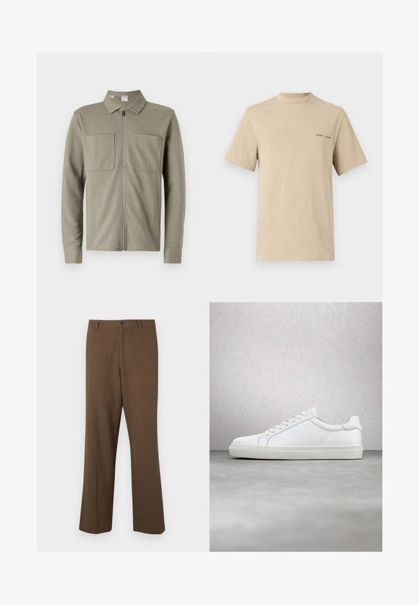 Olijfgroene ritsjack van gestructureerde stof, met een kraag en twee grote voorzakken. Lange mouwen met gestikte boorden.; Beige katoenen t-shirt met een ronde halslijn en korte mouwen. Beschikt over een subtiele zwarte "SAMSOE" tekstlogo op de borst.; Bruine, rechte broek gemaakt van gestructureerde stof, met een knoopsluiting en standaard tailleband, zijzakken en tailleurnaden.; Witte sneaker met een gladlederen bovenwerk en een laag profiel. Voorzien van een ronde neus, zes vetergaatjes en een gestructureerde rubberen zool.