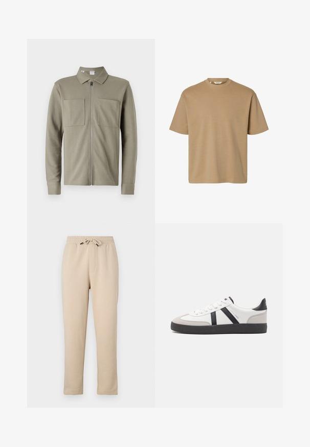 Olivengrøn lynlåsjakke lavet af tekstureret stof, med krave og to store forlommer. Lange ærmer med manchetter.; Kortærmet t-shirt med rund hals og afslappet pasform med ensfarvet design, vist på en hvid baggrund.; Beige joggingbukser med elastisk taljebånd, justerbar snøring, to sidelommer og taperet ben design. Blød tekstur, afslappet stil.; Hvide sneakers med sorte og grå detaljer, med en tekstureret grå tåhætte, sort gummisål og flade hvide snørebånd. Rent design, minimalistisk stil.