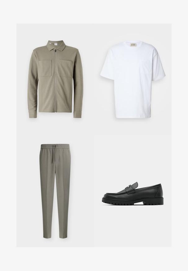 Olivengrøn lynlåsjakke lavet af tekstureret stof, med krave og to store forlommer. Lange ærmer med manchetter.; Hvid kortærmet t-shirt lavet af bomuld. Indeholder en brystlomme og subtil syning på lommen. Rund halsudskæring.; Herrers lysegrå skræddersyede bukser med tilspidsede ben og en elastisk talje med snørre foran.; Sorte læder loafers med rund tå, der har et syet design, lav platformssål og en struktureret, skridsikker gummisål.