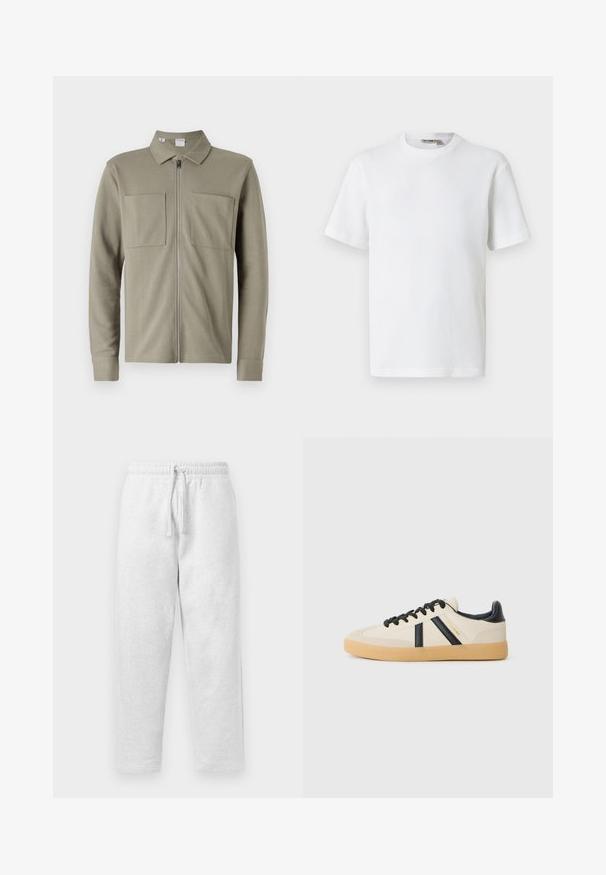 Olivengrøn lynlåsjakke lavet af tekstureret stof, med krave og to store forlommer. Lange ærmer med manchetter.; Hvid kortærmet t-shirt i vaffelmønster med rund hals og et lille mærke med brandnavn inde i kraven, vist på en ensfarvet baggrund.; Lys grå sweatpants lavet af blødt materiale, med en elastisk talje med snøre og en afslappet pasform.; Casual sneakers i creme med sorte striber, med en tekstureret overdel og sål i gummigummi. Snørebåndene er sorte. Diskret logo på siden.