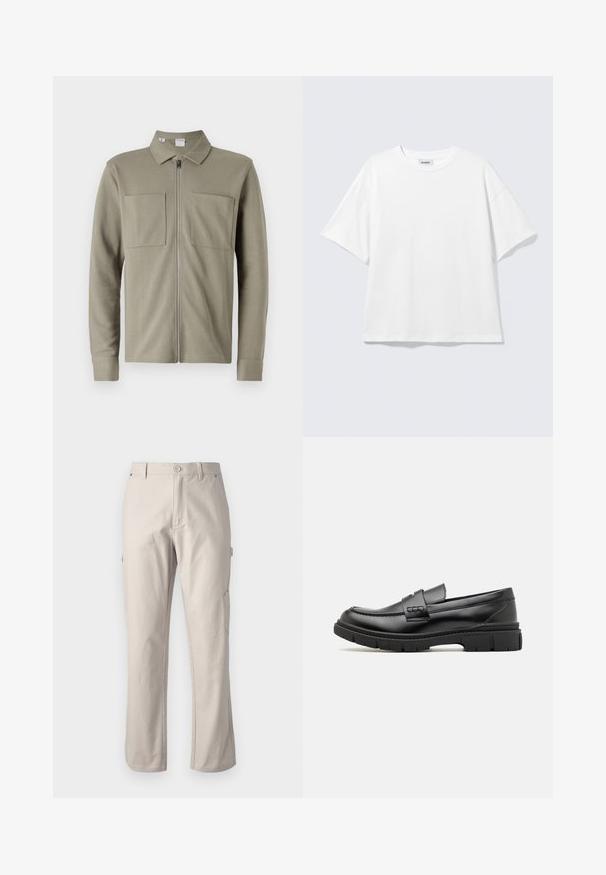 Olijfgroene ritsjack van gestructureerde stof, met een kraag en twee grote voorzakken. Lange mouwen met gestikte boorden.; Witte oversized T-shirt met korte mouwen, ronde hals en verlaagde schouders, plat op een lichtgrijze achtergrond.; Beige cargobroek van stevig katoen met rechte pijpen, voorknopsluiting en zijzakken voor gebruiksgemak. Gladde textuur met subtiele stiksels.; Zwarte leren instapper met een brede band over de voet, rubberen zool met dikke noppen en een gladde textuur. Klassiek, strak ontwerp.
