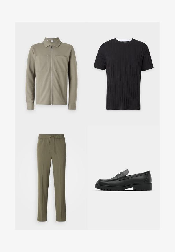 Olivengrøn lynlåsjakke lavet af tekstureret stof, med krave og to store forlommer. Lange ærmer med manchetter.; Sort kortærmet ribstrikket t-shirt med hvid rundhalskant, vist på en ensfarvet baggrund.; Olivengrønne, letvægtsbukser med elastisk talje og justerbar snor; lige ben design og glat tekstur.; Sorte læder loafers med rund tå, der har et syet design, lav platformssål og en struktureret, skridsikker gummisål.