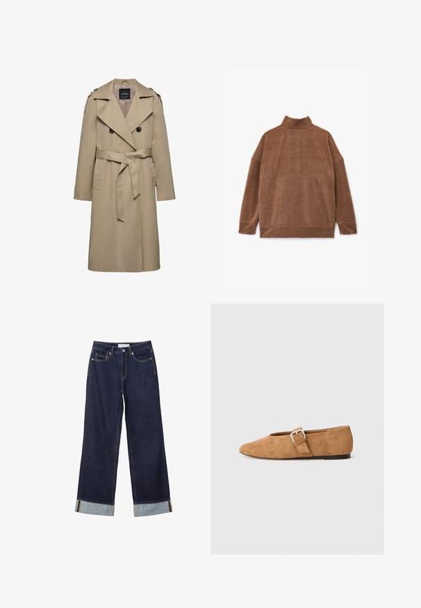 Beige dobbeltradet trenchcoat med brede slag, bælte i taljen, skulderstropper og sidelommer, mellemlang længde med foret indvendigt.; Brun fleece-pullover med høj krave, løs pasform, dropped shoulders og lange ærmer. Glat tekstur med minimale sømme og et rent design.; Mørkeblå vidde jeans med omslag ved buksebenet, forreste knap, lynlås og design med fem lommer.; Tan ruskinds flad sko med spidse tæer og en spænde rem på siden. Har en lav profil og et minimalistisk design.