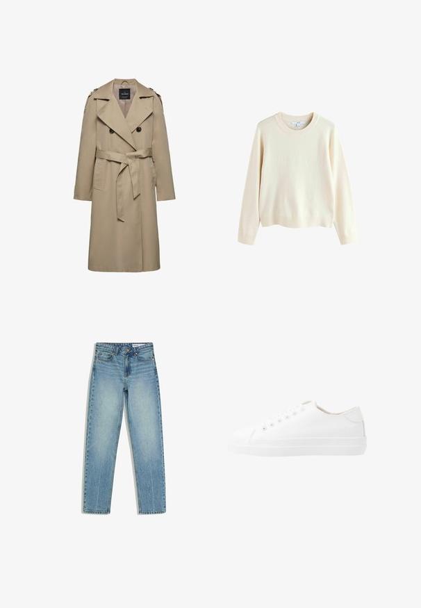 Beige dobbeltradet trenchcoat med brede slag, bælte i taljen, skulderstropper og sidelommer, mellemlang længde med foret indvendigt.; Cremefarvet pullover-sweater, lavet af blødt strikstof, har en rund halsudskæring, ribbede manchetter og kant, samt raglanærmer.; Lyseblå denimjeans med lige ben, forlommer, bæltestropper, knaplukning og subtil falmen på lårene.; Hvide kanvas sneakers med lavt design, rund tå, seks snørehuller og en struktureret gummisål. Glat materiale med minimale detaljer.