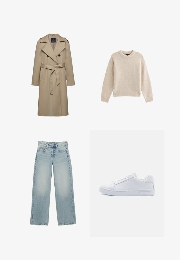 Beige dobbeltradet trenchcoat med brede slag, bælte i taljen, skulderstropper og sidelommer, mellemlang længde med foret indvendigt.; Beige strikket sweater med rund hals, lange ærmer og ribbet kant. Tekstureret stof med en blød udseende. Enkel og alsidig design.; Lysblå denim bredbukser med høj talje, der har fem lommer, knaplukning og subtile falmninger for en slidt effekt.; Hvide læder low-top sneakers med rund tå, flad gummisål og logo detaljer på siden. Har seks par snørrehuller og teksturerede accenter.
