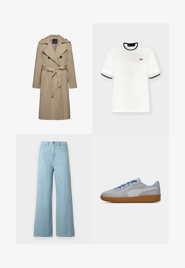 Beige dobbeltradet trenchcoat med brede slag, bælte i taljen, skulderstropper og sidelommer, mellemlang længde med foret indvendigt.; Hvid T-shirt med korte ærmer med sort kant på krave og ærmer, lille sort laurbærkranslogo på venstre bryst.; Lyseblå vidbenede denimjeans med frontknap, lynlåslukning, bæltestropper og sidelommer på en hvid baggrund.; Grå suede sneakers med blå snørebånd, der har en brun gummisål og subtil hvid branding på siden. Klassisk lavtop-design.