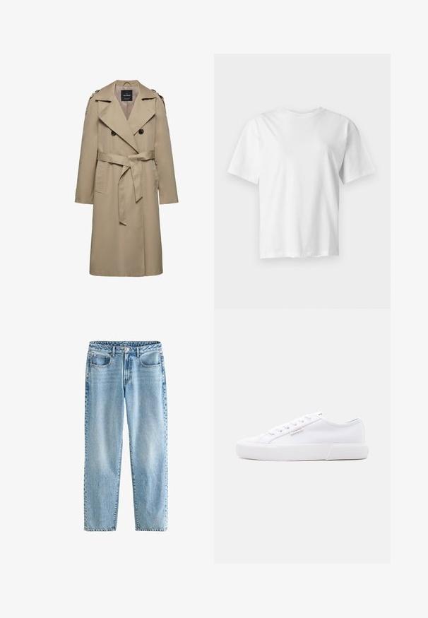 Beige dubbelgeknoopte trenchcoat met brede revers, riem in de taille, schouderepauletten en zijzakken, halflang met gevoerde binnenkant.; Effen wit T-shirt met korte mouwen en ronde hals, plat weergegeven op een lichtgrijze achtergrond.; Lichtblauwe high-waisted jeans met een ontspannen pasvorm. Heeft een knoopsluiting, metalen rivets, vijf zakken en een vervaagde denimtextuur.; Witte lage sneaker met plateauzool, veters aan de voorkant en een klein Calvin Klein-logo op de zijkant.