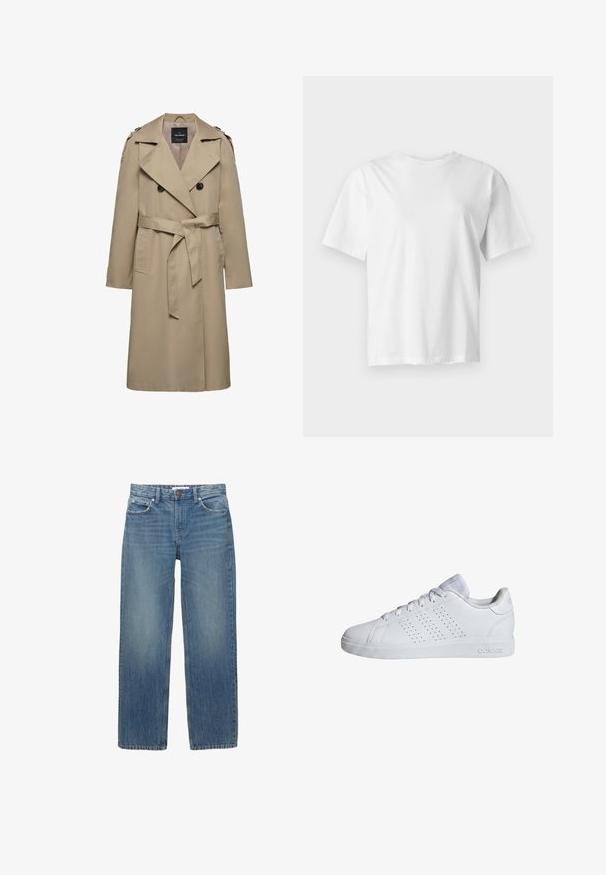 Beige dobbeltradet trenchcoat med brede slag, bælte i taljen, skulderstropper og sidelommer, mellemlang længde med foret indvendigt.; Hvid kortærmet rundhalset t-shirt vist fladt på en lys grå baggrund.; Lysblå denimjeans med lige snit, fem lommer og hardware i kobberfarve. Stoffet har en let falmning og en glat tekstur.; Hvid Adidas lavsko med snørebånd, perforerede striber på siden og en struktureret gummisål.
