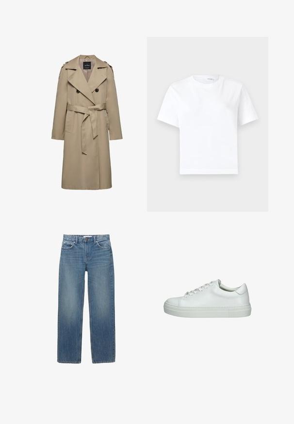Beige dobbeltradet trenchcoat med brede slag, bælte i taljen, skulderstropper og sidelommer, mellemlang længde med foret indvendigt.; Hvid kortærmet bomuld t-shirt med rund halsudskæring og lige kant, vist på en hvid baggrund.; Lysblå denimjeans med lige snit, fem lommer og hardware i kobberfarve. Stoffet har en let falmning og en glat tekstur.; Hvide lædersneakers med glat tekstur, rund tå, flad gummisål og seks snørrehuller. Minimalistisk design uden yderligere dekorationer.