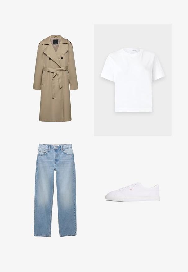 Beige dobbeltradet trenchcoat med brede slag, bælte i taljen, skulderstropper og sidelommer, mellemlang længde med foret indvendigt.; Hvid kortærmet bomuld t-shirt med rund halsudskæring og lige kant, vist på en hvid baggrund.; Lyseblå denimbukser med lige ben, fem-pockets stil og synlige syninger. Stofmaterialet har en blød, let falmet tekstur.; Hvid lavsko med snørelukning og lille rød, hvid og blå logo på siden, flad gummisål.