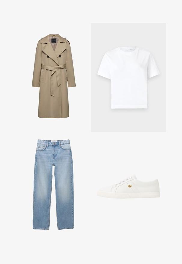 Beige dobbeltradet trenchcoat med brede slag, bælte i taljen, skulderstropper og sidelommer, mellemlang længde med foret indvendigt.; Hvid kortærmet bomuld t-shirt med rund halsudskæring og lige kant, vist på en hvid baggrund.; Lyseblå denimbukser med lige ben, fem-pockets stil og synlige syninger. Stofmaterialet har en blød, let falmet tekstur.; Lauren Ralph Lauren JANSON II CANVAS SNEAKER - Sneakers - optic white