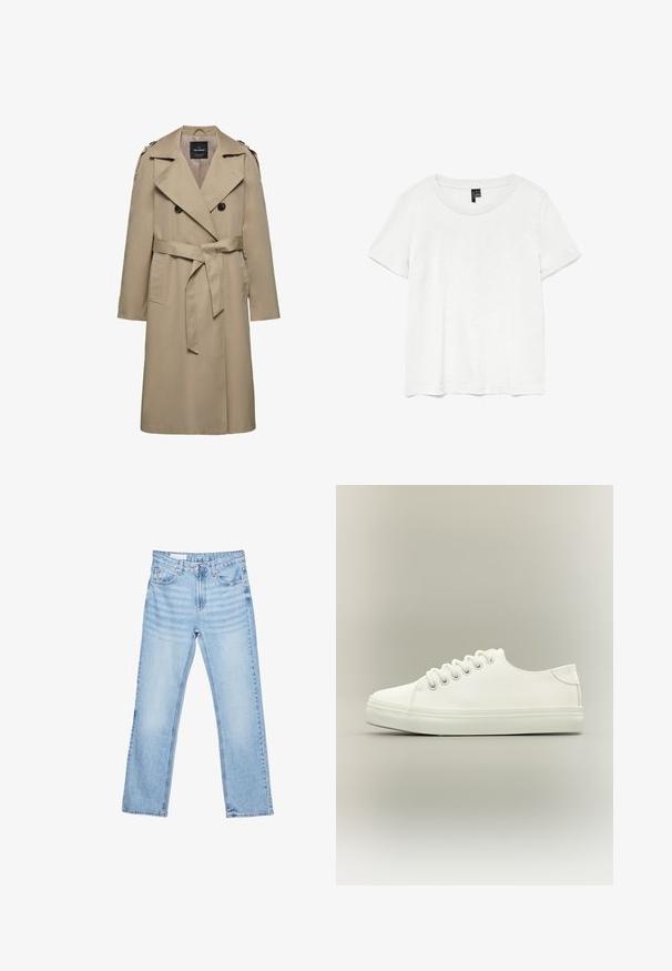 Beige dobbeltradet trenchcoat med brede slag, bælte i taljen, skulderstropper og sidelommer, mellemlang længde med foret indvendigt.; Hvid kortærmet t-shirt med rund halsudskæring, lavet af letvægtsstof. Enkel design, glat tekstur og lige kant.; Lyseblå straight-leg denim jeans med forlommer, bæltestropper og knap- og lynlåslukning, vist fladt på hvid baggrund.; Hvid lavtop sneaker med hvide snørebånd og gummisål vist fra siden på en neutral baggrund.