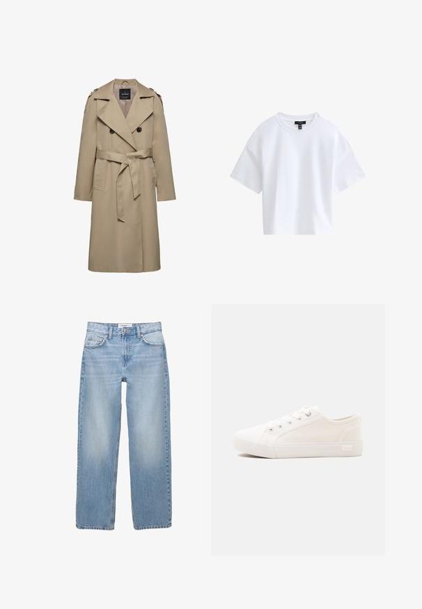 Beige dobbeltradet trenchcoat med brede slag, bælte i taljen, skulderstropper og sidelommer, mellemlang længde med foret indvendigt.; Simpel hvid kortærmet crop top med rund halsudskæring og sort mærke indeni kraven.; Lyseblå denimbukser med lige ben, fem-pockets stil og synlige syninger. Stofmaterialet har en blød, let falmet tekstur.; Hvid lavtop lærredsneaker med hvid gummisål og hvide snørebånd vist på en ensfarvet lys baggrund.