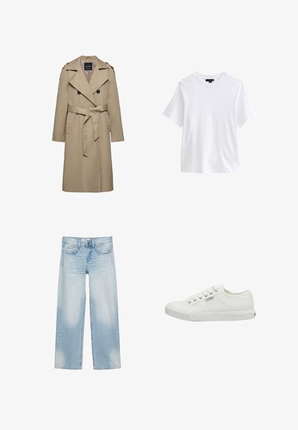 Beige dubbelgeknoopte trenchcoat met brede revers, riem in de taille, schouderepauletten en zijzakken, halflang met gevoerde binnenkant.; Effen wit T-shirt met korte mouwen en ronde hals met een zwart kledinglabel aan de binnenkant van de kraag op een witte achtergrond.; Lichtblauwe wijde jeans met vijf zakken, riemlussen, knoopsluiting en subtiele vervaging op de voorkant van de dijen en knieën.; Witte canvas sneakers met ronde neus, zes veters, textuur zijpanelen en rubberen zool. Klein merkje aan de zijkant.