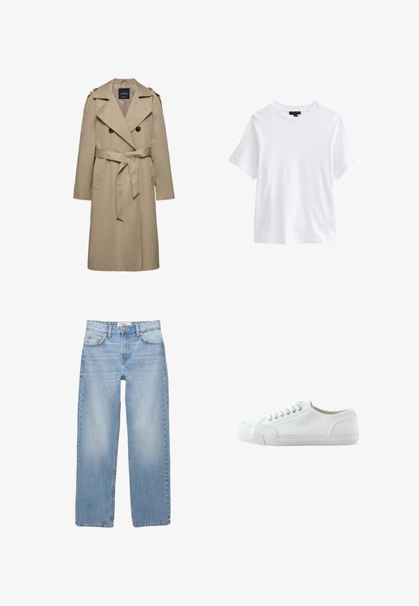 Beige dubbelgeknoopte trenchcoat met brede revers, riem in de taille, schouderepauletten en zijzakken, halflang met gevoerde binnenkant.; Effen wit T-shirt met korte mouwen en ronde hals met een zwart kledinglabel aan de binnenkant van de kraag op een witte achtergrond.; Lichtblauwe denim jeans met een recht model, vijf zakken en zichtbare stiksels. De stof heeft een zachte, iets vervaagde textuur.; Witte lage canvas sneaker met vetersluiting aan de voorkant, rubberen zool en een getextureerde neuskap, weergegeven vanaf de buitenkant op een witte achtergrond.