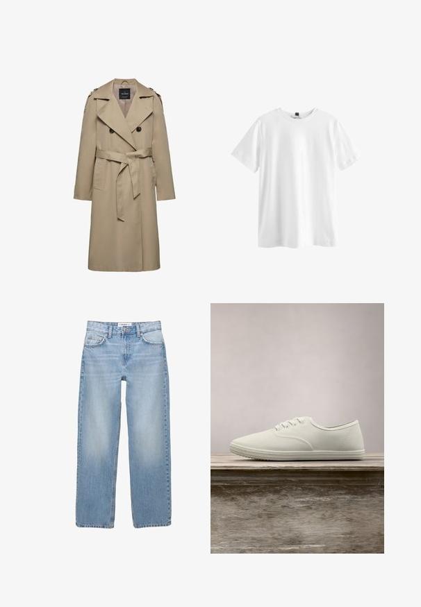 Beige dobbeltradet trenchcoat med brede slag, bælte i taljen, skulderstropper og sidelommer, mellemlang længde med foret indvendigt.; Simpel hvid kortærmet t-shirt med rund hals og sort mærke indeni kraven, vist fladt på en hvid baggrund.; Lyseblå denimbukser med lige ben, fem-pockets stil og synlige syninger. Stofmaterialet har en blød, let falmet tekstur.; Hvide kanvas sneakers med rund tå, seks snørrehuller og tekstureret gummisål, hængende over en træoverflade med grønne græs i baggrunden.
