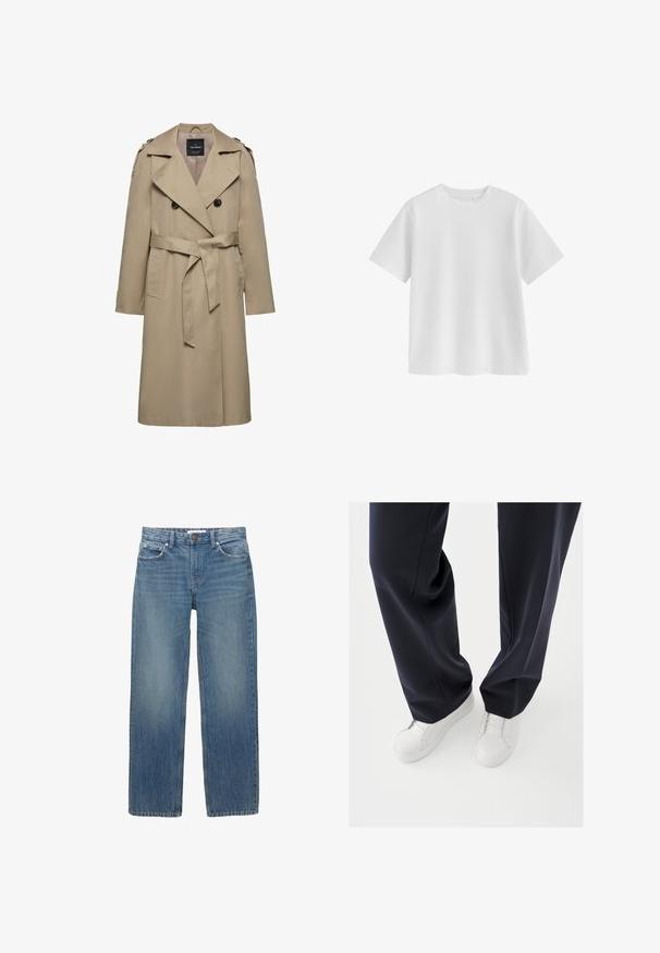 Beige dobbeltradet trenchcoat med brede slag, bælte i taljen, skulderstropper og sidelommer, mellemlang længde med foret indvendigt.; Ensfarvet hvid T-shirt med korte ærmer og rund hals, normal pasform og glat stofstruktur på hvid baggrund.; Lysblå denimjeans med lige snit, fem lommer og hardware i kobberfarve. Stoffet har en let falmning og en glat tekstur.; Hvide sneakers med teksturerede gummisåler og flade snørebånd, kombineret med mørkeblå bukser i løs, glat stof og skræddersyet pasform.